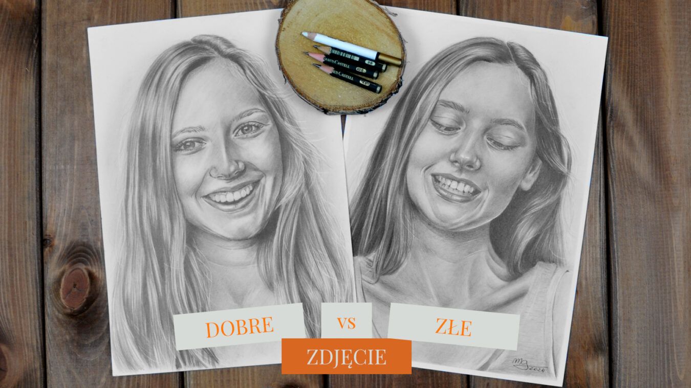 Przykład dwóch portretów wykonanych ołówkiem przedstawiających tą samą kobietę z różnym wyrazem twarzy jako przykład do artykułu opisującym dobre i złe zdjęcia do wykonania portretu na zamówienie.