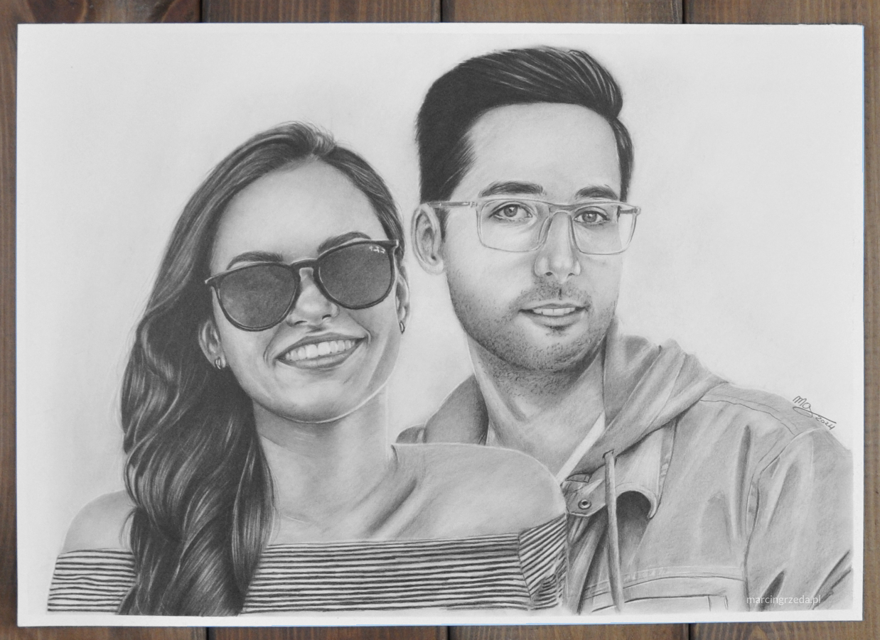 Portret ołówkiem wykonany z dwóch różnych zdjęć. Portret przedstawia kobietę i mężczyznę.