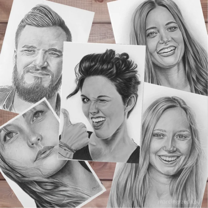 Kolaż zdjęć pięciu portretów ze zdjęć przedstawiających piękne dziewczyny i mężczyznę z brodą. Portrety narysowane są ołówkiem na białym papierze. Na zdjęciu są zaprezentowane jako przykład portretów rysowanych przez mnie.