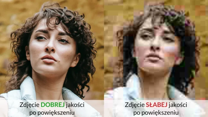 Porównanie zdjęć dobrej i słabej jakości przy powiększeniu zdjęcia oryginalnego. Jakość zdjęcia jest bardzo ważna przy tworzeniu portretu ołówkiem.
