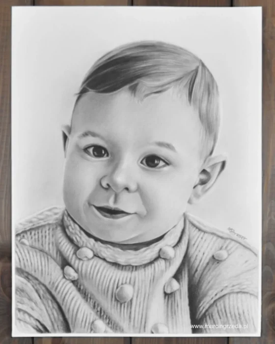 Portret ołówkiem na zamówienie jako prezent na pierwszy roczek przedstawiający dziecko w jasnym sweterku. Format portretu to 30x40 cm