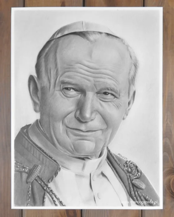 święty Jan Paweł II - portret ołówkiem wykonany na białym papierze. Format portretu to 30x40 cm