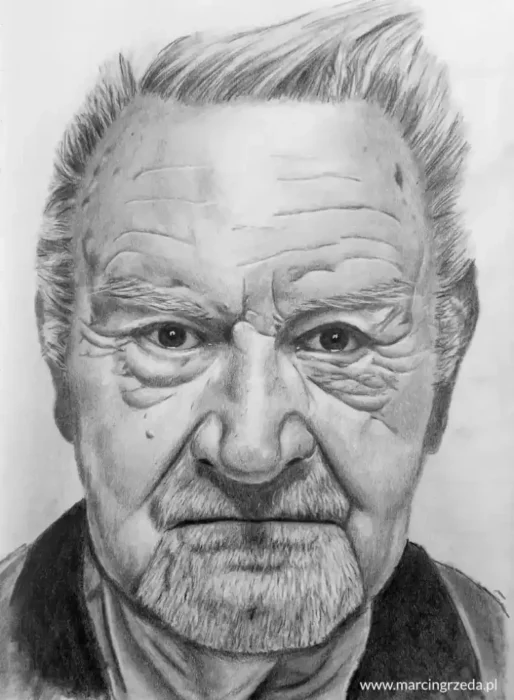 Portret starszego mężczyzny z licznymi zmarszczkami. Portret wykonany ołówkiem.