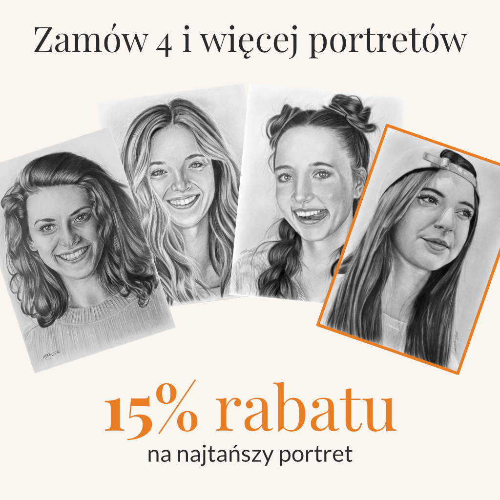 Zamów 4 lub więcej portretów w jednym zamówieniu a za najtańszy rysunek dostaniesz 15% rabatu.