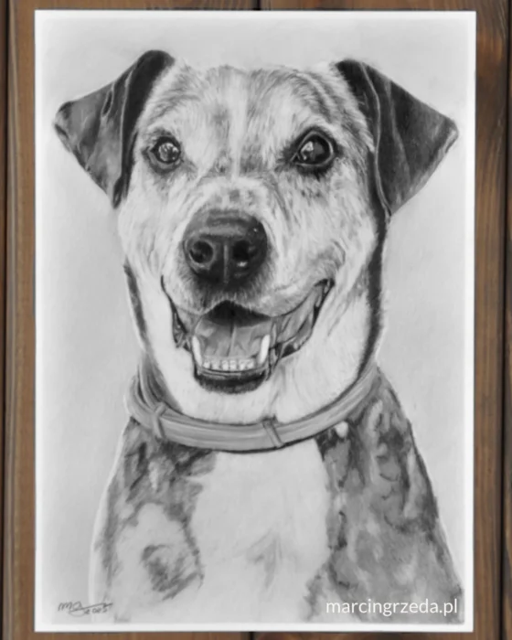 Portret psa wykonany ołówkiem. Format A4. Jest to siwy piesek z czarnymi uszami i z otwartym pyszczkiem. Portrety zwierząt to doskonały pomysł na prezent dla miłośników domowych pupili.
