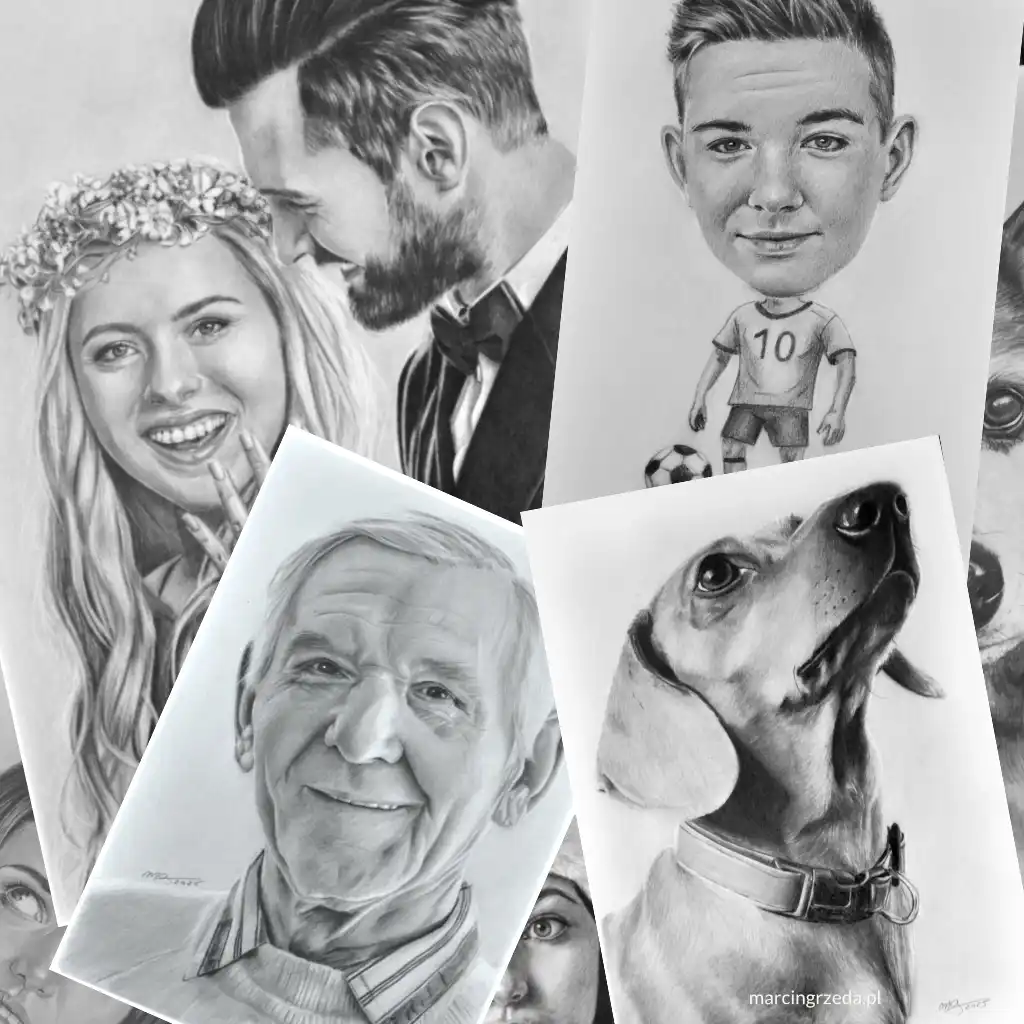 Kolaż zdjęć portretów przedstawiający realistyczne portrety ludzi i zwierząt oraz karykatury wykonywane na zamówienie ze zdjęć przez Marcina Grzędę