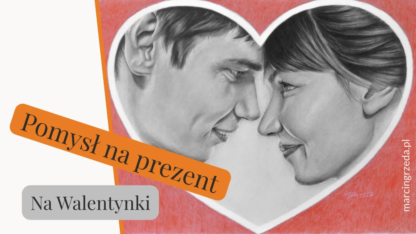 Zdjęcie do artykuły pomysł na prezent na Walentynki przedstawia parę narysowaną ołówkiem w sercu. Serce otoczone jest czerwonym tłem. Para patrzy z miłością na siebie,