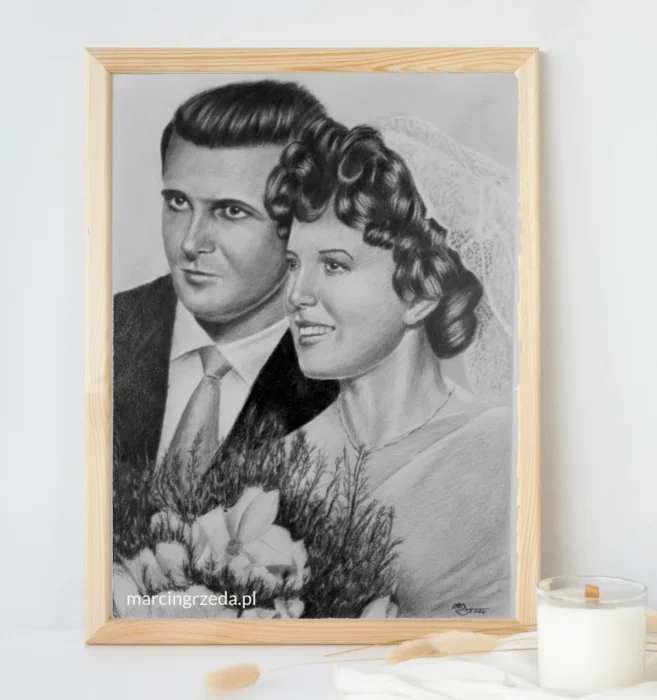 Zdjęcie przedstawia portret ślubny młodej pary wykonany na podstawie starego zdjęcia ślubnego. Portret jest wykonany ołówkiem na zamówienie.