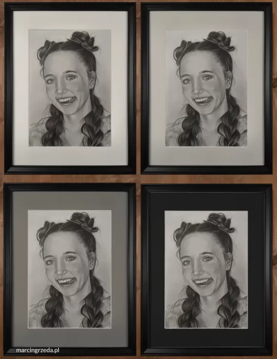 Zdęcie przedstawia 4 takie same portrety wykonane ołówkiem oprawione w ramkę z passe-partout. KAżdy z rysunków ma passe-partout w innym kolorze co obrazuje jak rysunki są odbierane w zależności od koloru passepartout.