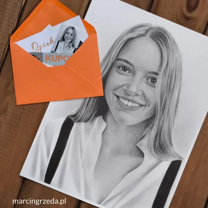 Na zdjęciu widoczny jest realistyczny portret pięknej dziewczyny wykonany ołówkami. Dodatkowo obok portretu leży koperta, w której umieszczone są rożne dodatki jakie są dodawane do wysyłanej paczki z portretem.