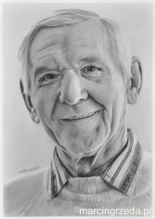 Portret ołówkiem przedstawia osobę starszą - mężczyznę w swetrze i koszuli.