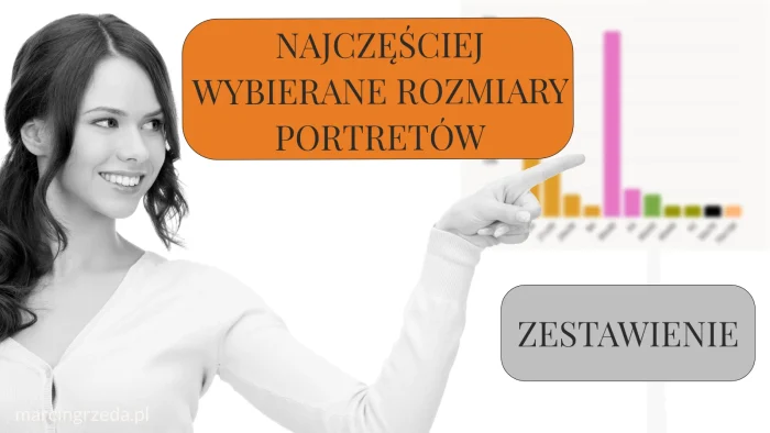 Jakie są najczęściej wybierane rozmiary portretów ołówkiem ze zdjęcia? Kobieta pokazuje palcem na wykres zawierający zestawienie najczęściej wybieranych rozmiarów portretów ze zdjęcia. Obrazek ilustrujący artykuł o tym samym tytule zawierający zestawienie takich rozmiarów.